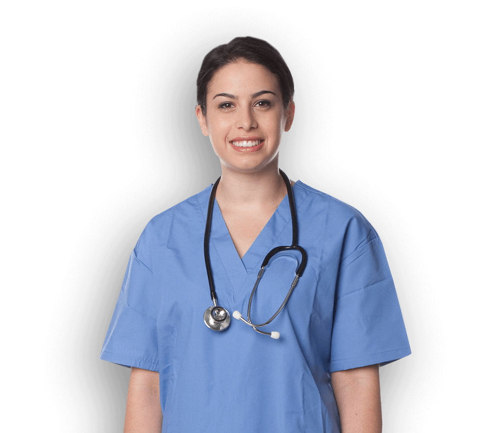 Nursing student in scrubs with stethoscope