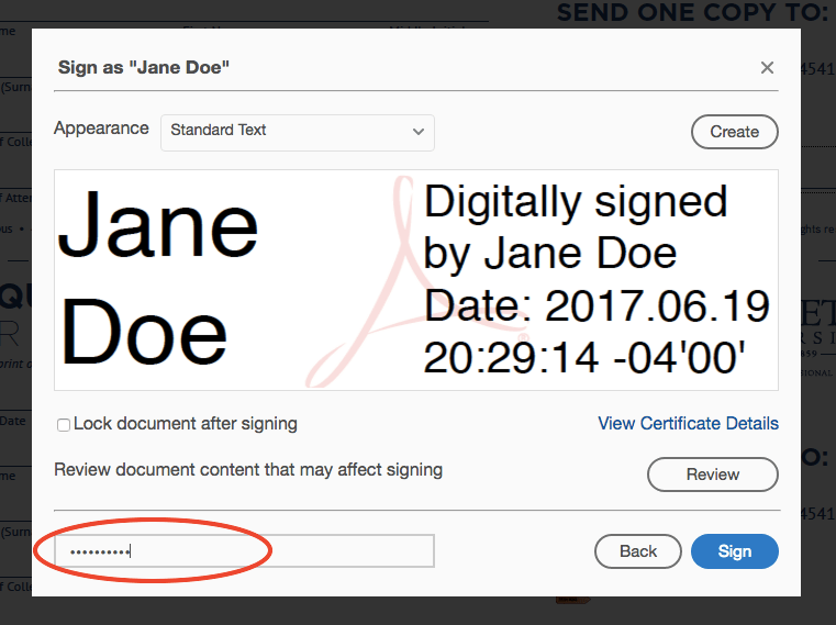 enter password to digitally sign